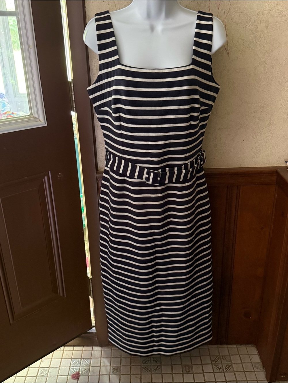 Boden Dorothea Belted Navy Blue White Striped Midi Dress 10L 10